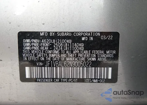 2022 Subaru Wrx Limited from USA, damaged, VIN JF1VBAL62N9005022